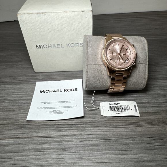 Michael Kors Original MK6357 Women's Ritz‎ Rose Gold Stainless Chrono Watch 37mm - Picture 1 of 8